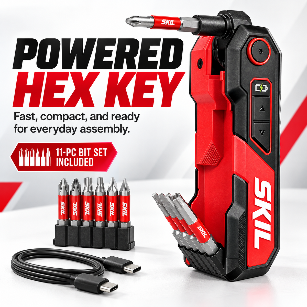 Rechargeable Powered Folding Hex Key 3-Angle Electric Driver with 11-Piece Bit Set