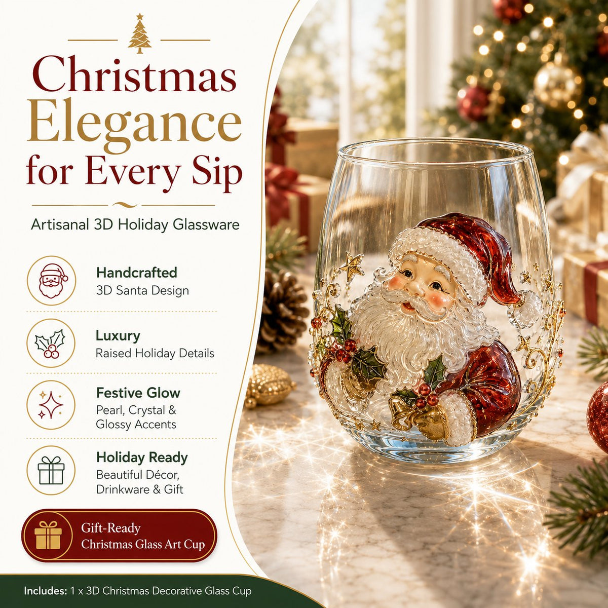 3D Christmas Glass Art Cup | Luxury Raised Holiday Glassware for Drinks, Decor & Christmas Gifts