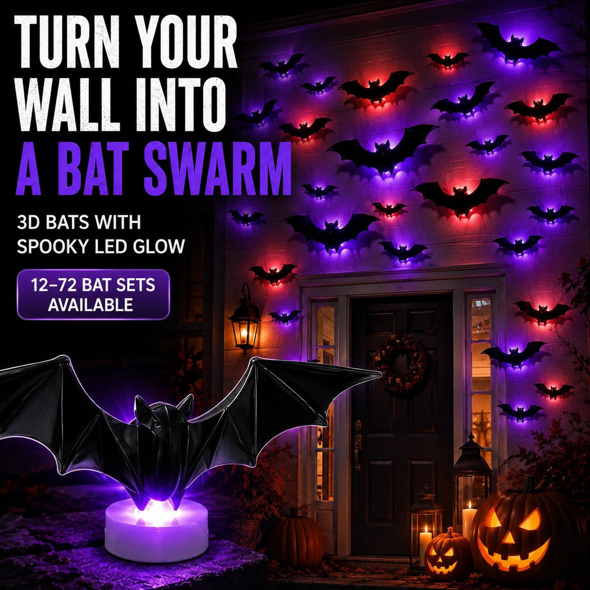 3D LED Glowing Bat Wall Decorations Halloween Flying Bat Swarm Set
