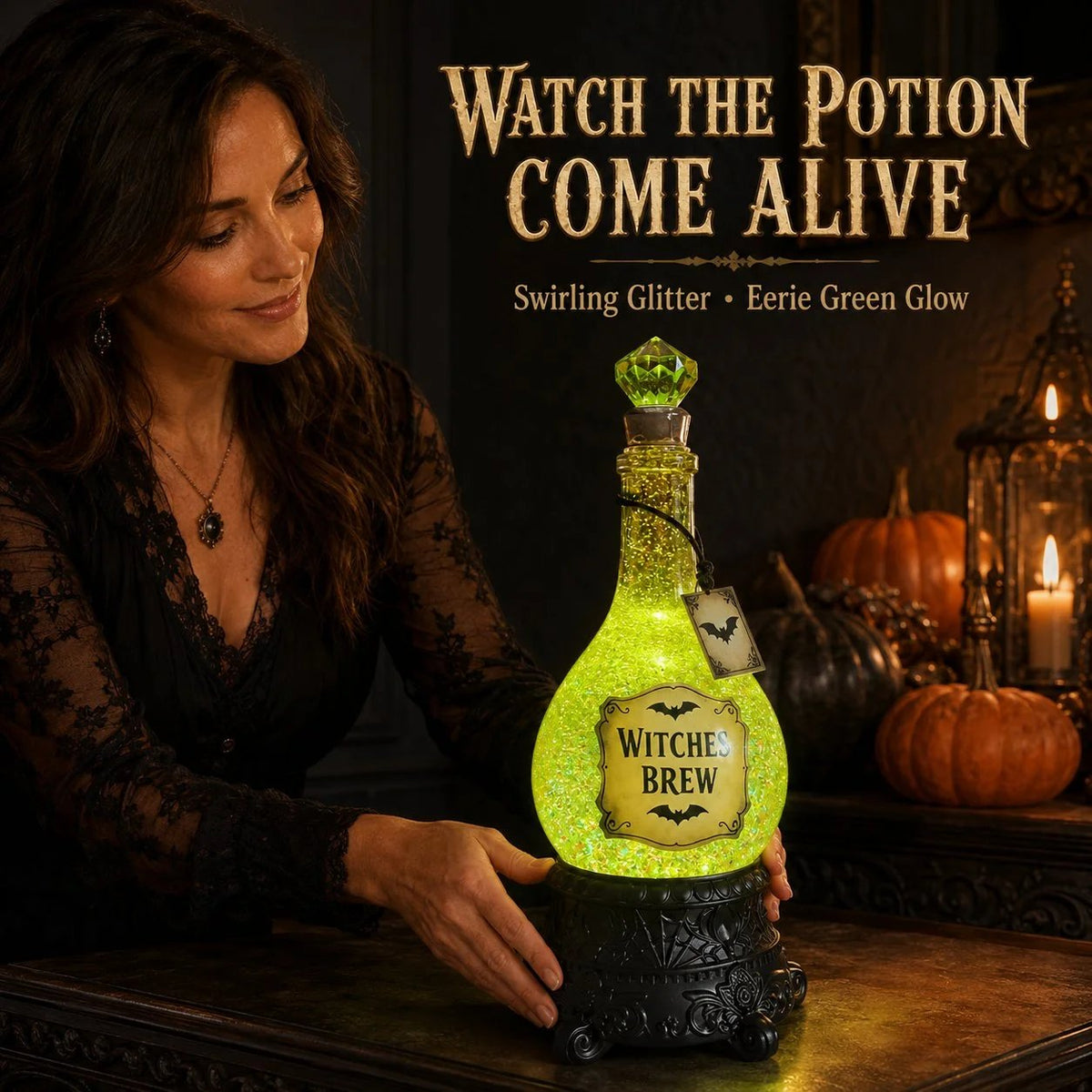 Lighted Witches Brew Poison Bottle Glitter Globe