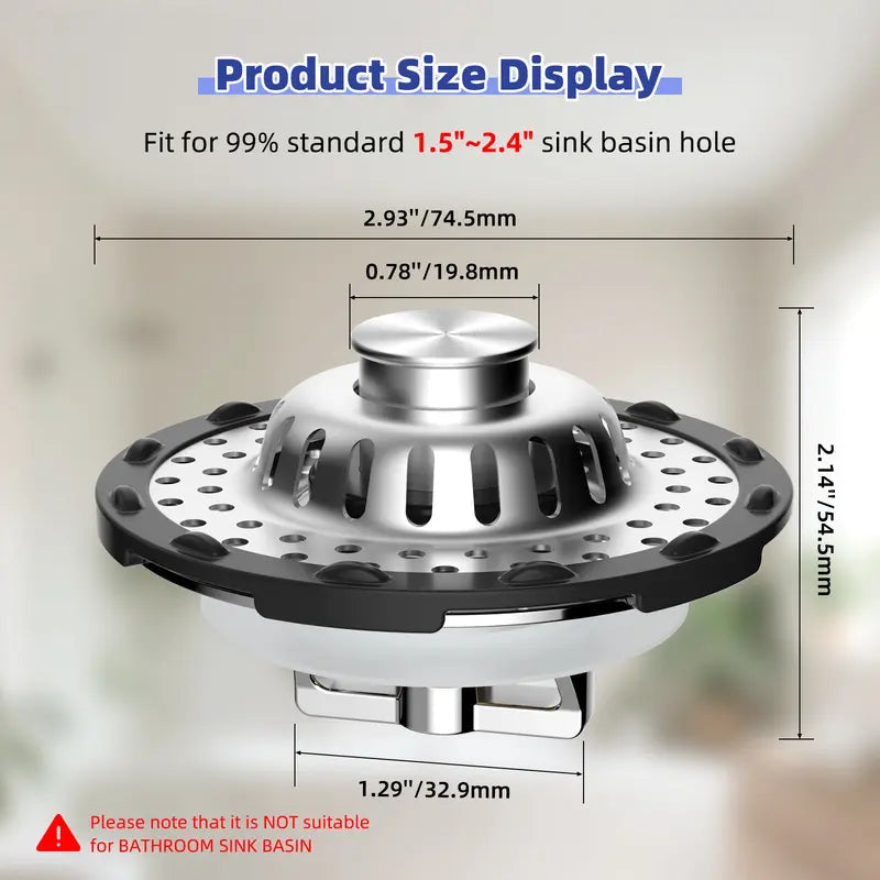 3-in-1 Pop-Up Sink Stopper Hair Catcher, Drain Protector & Water Stopper | Universal Chrome Fit