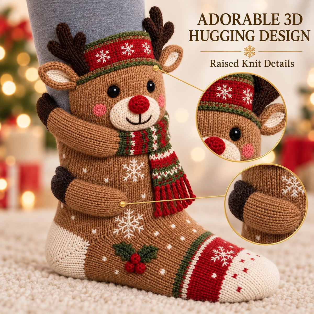 3D Hugging Christmas Socks Cute Knit Holiday Socks 5 Designs