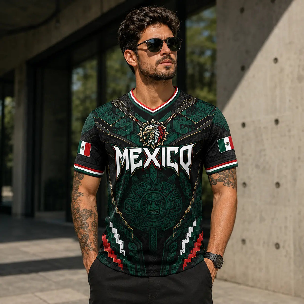 2026 Mexico Eagle Warrior Soccer Jersey Aztec Calendar Graphic V-Neck Fan Shirt for Men