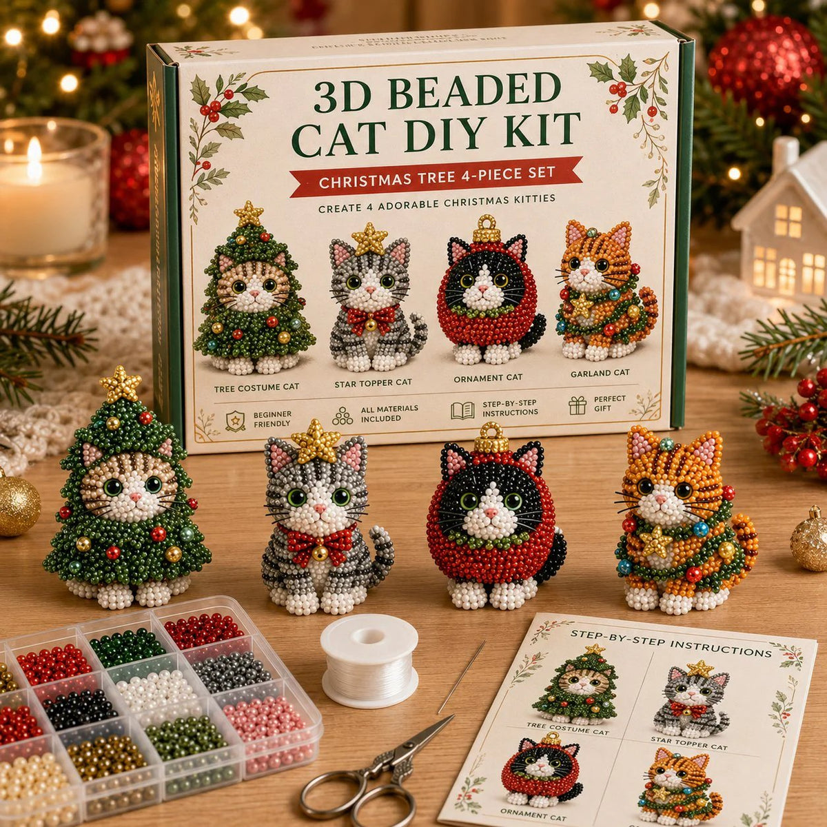 Create Your Own 3D Beaded Christmas Cats | Beginner-Friendly DIY Kit