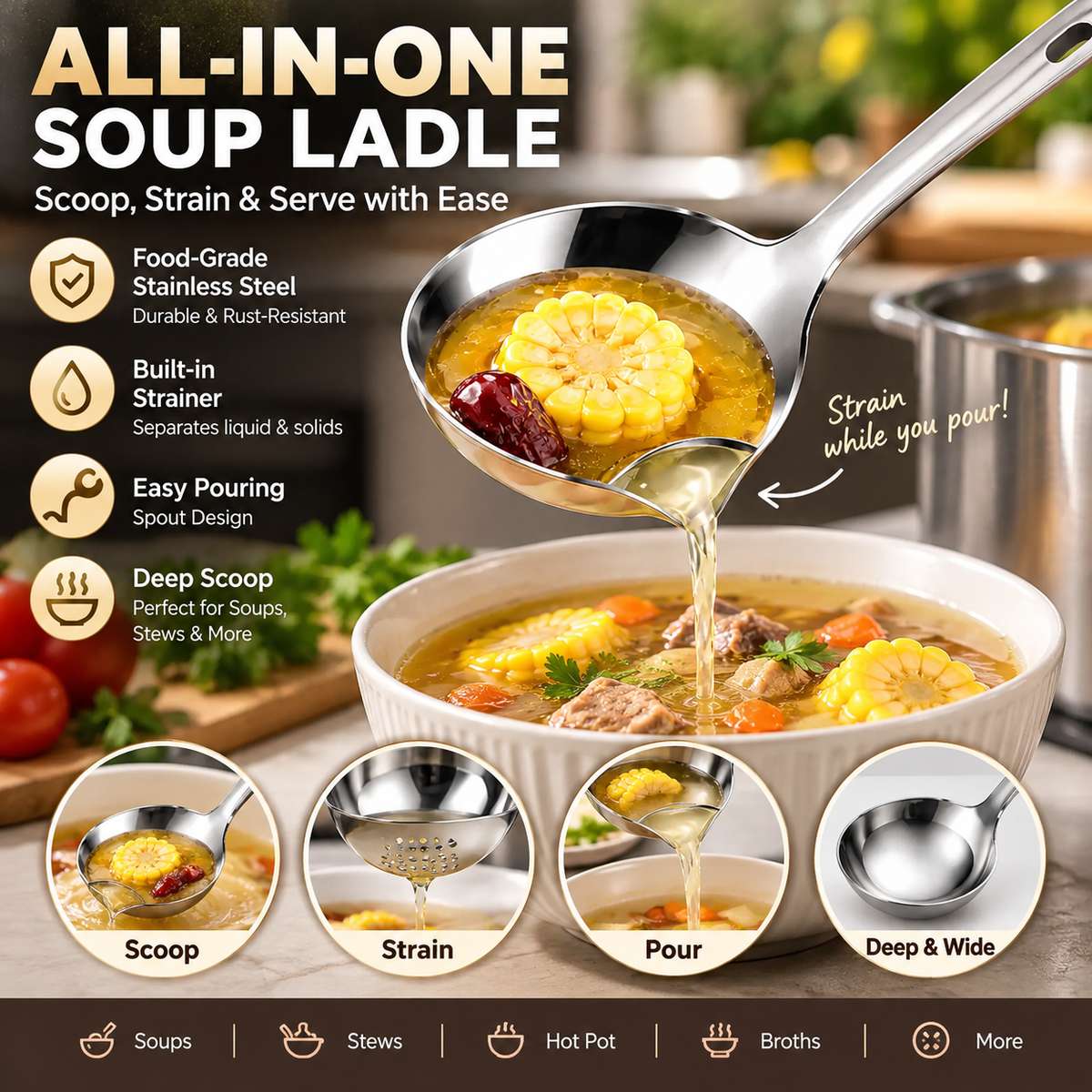 304 Stainless Steel Deep Soup Ladle