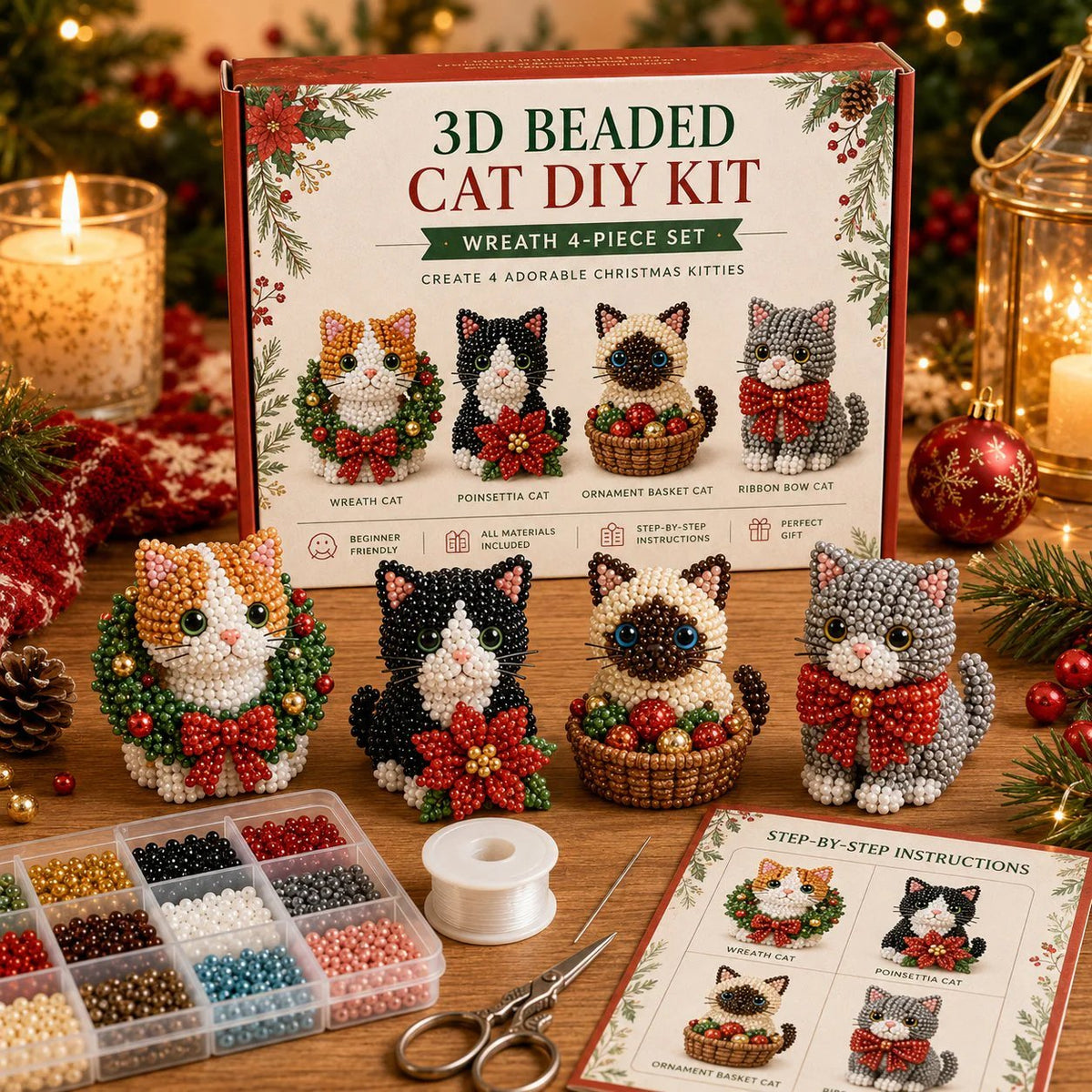 Create Your Own 3D Beaded Christmas Cats | Beginner-Friendly DIY Kit