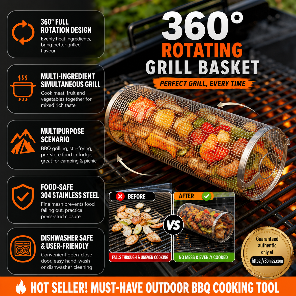 BBQ 360 Rolling Grilling Basket | Non-Stick Rotisserie Grill Basket for Meat, Vegetables & More