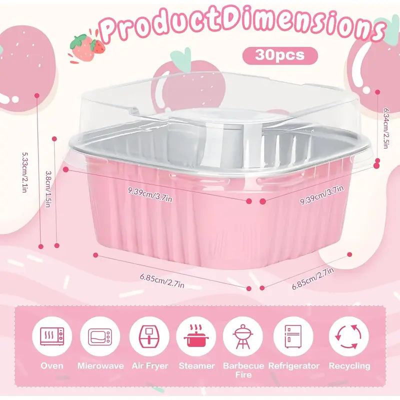30-Pack Pink Mini Foil Cake Pans with Lids 5oz Disposable Dessert Cups