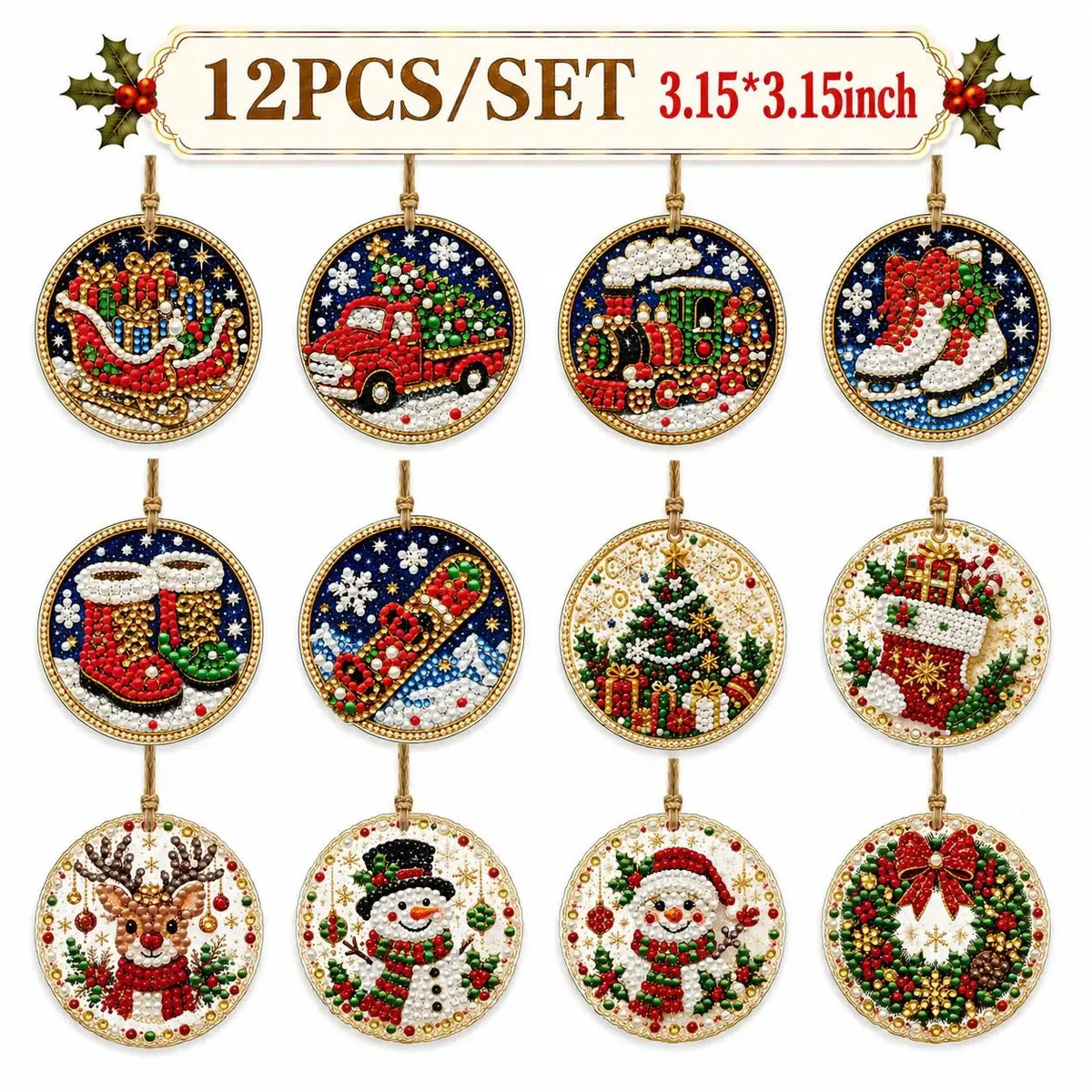 6Pcs/12Pcs Christmas DIY Diamond Painting Ornaments Kit, Xmas Tree Hanging Pendant