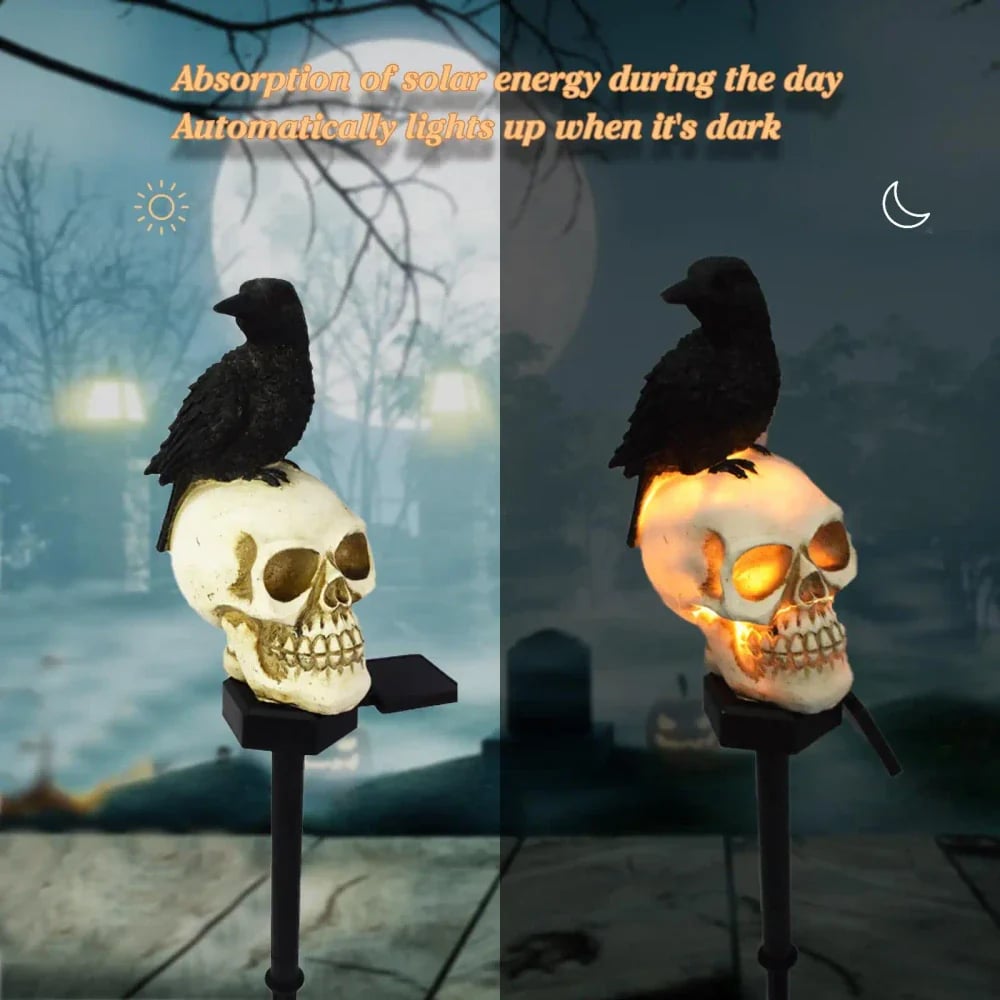 Animated Raven Skull Solar Garden Stake | Halloween Outdoor Yard Decor