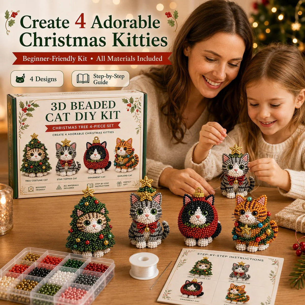 Create Your Own 3D Beaded Christmas Cats | Beginner-Friendly DIY Kit