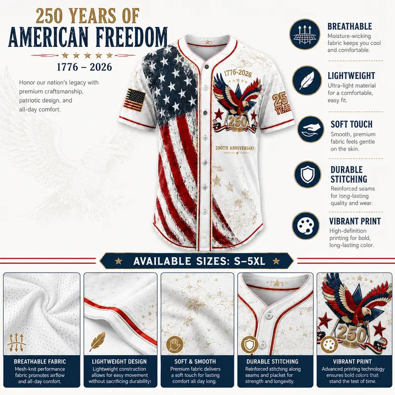 Men's USA 250th Anniversary Baseball Jersey Patriotic American Flag Eagle Button Down Shirt 1776-2026