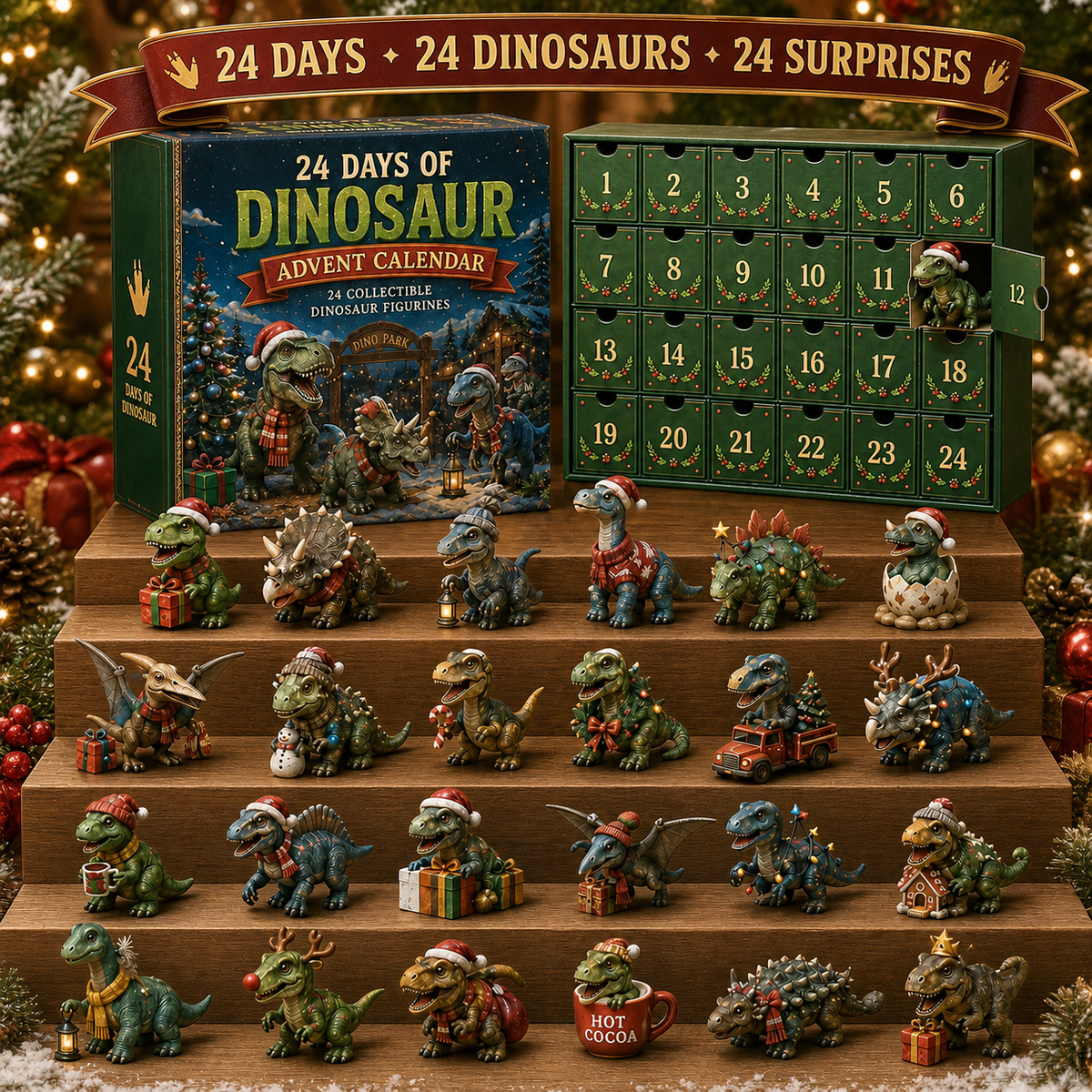 24 Days of Dinosaur Christmas Advent Calendar 24 Collectible Dino Figurines & Holiday Surprises