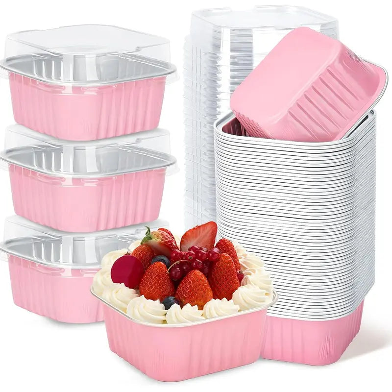 30-Pack Pink Mini Foil Cake Pans with Lids 5oz Disposable Dessert Cups