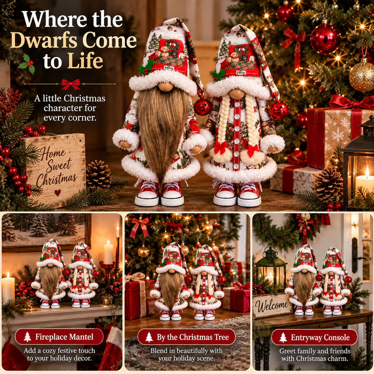 Festive Gnome Couple Figurines Bearded & Braided Hair