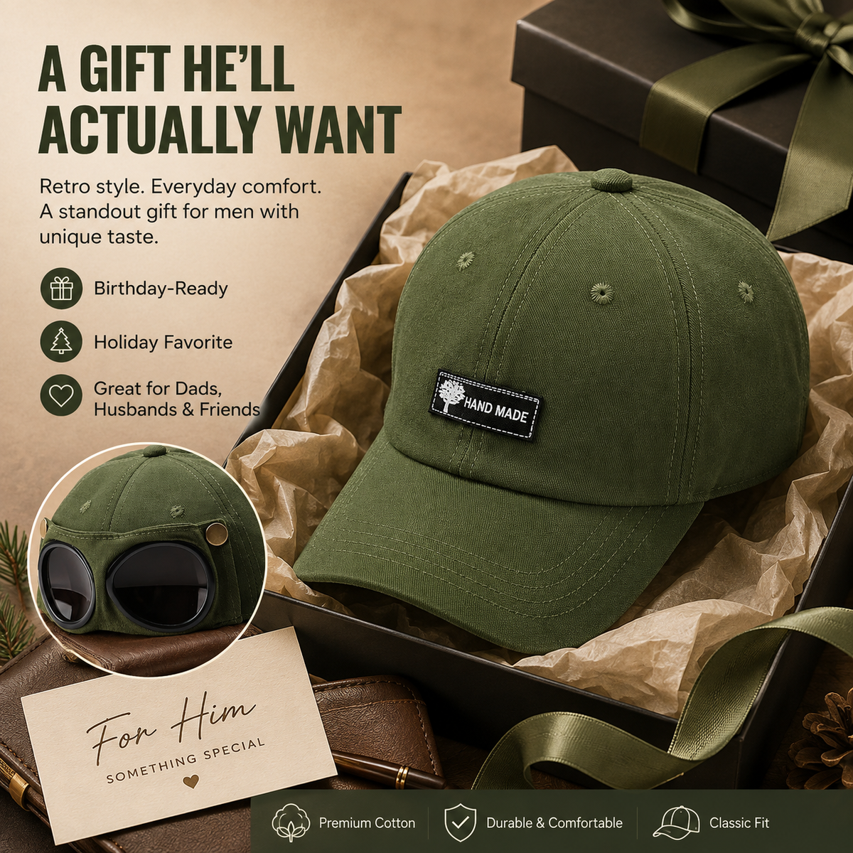 Men's Retro Pilot Baseball Cap Glasses-Ready Statement Style