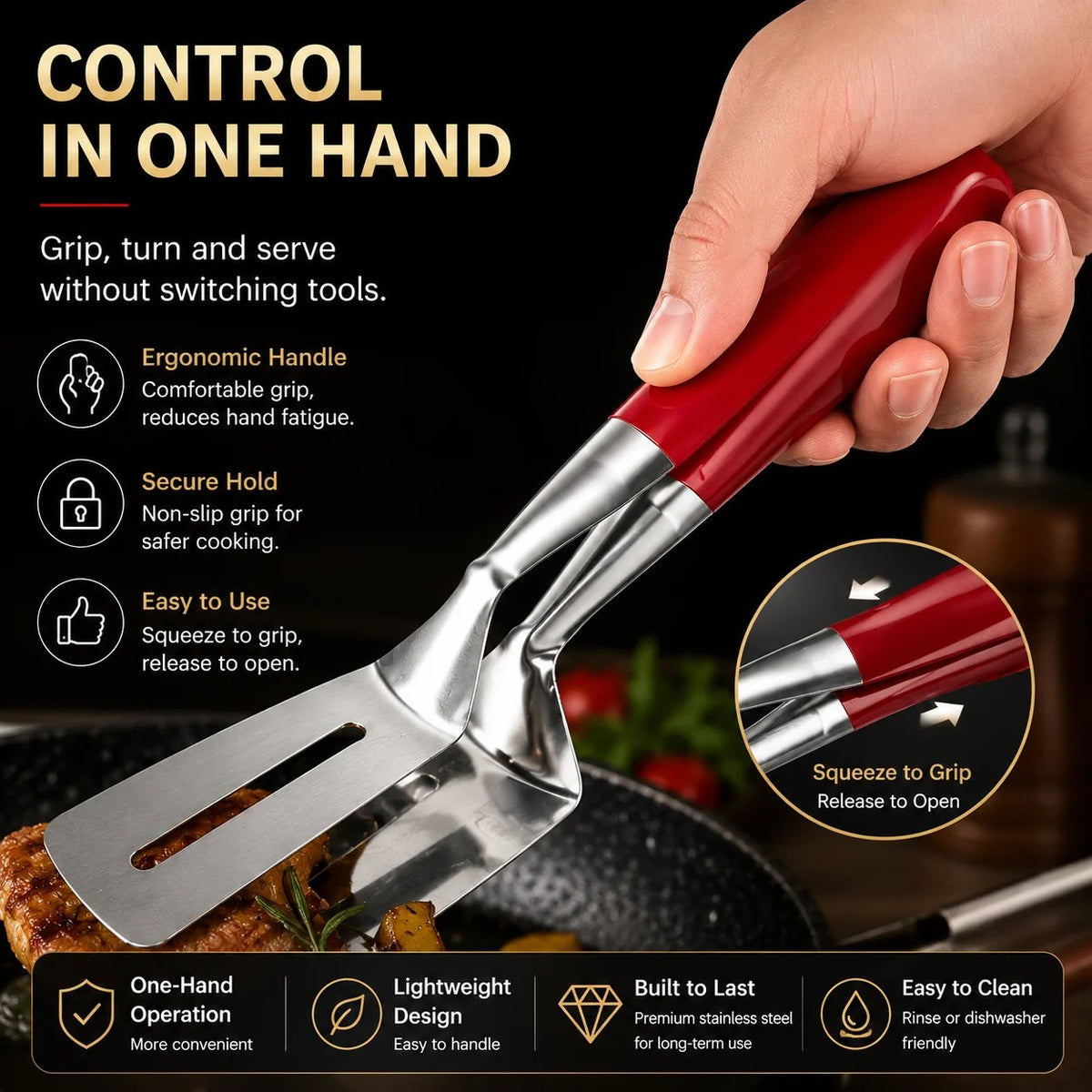 2-in-1 Stainless Steel Spatula Tongs Grip, Flip & Serve