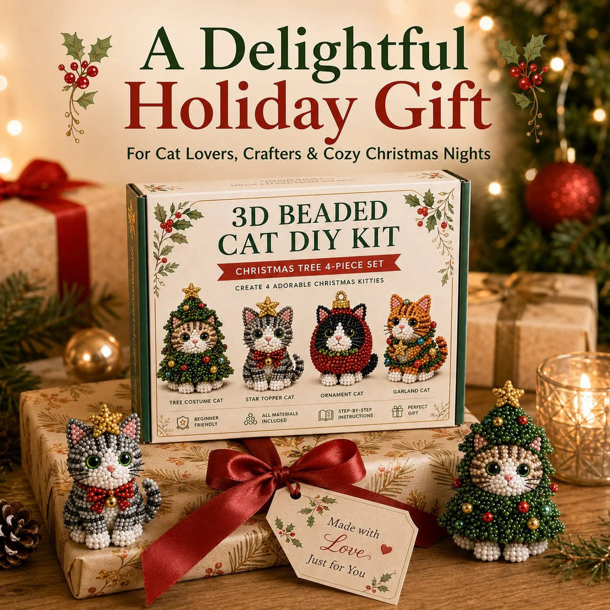 Create Your Own 3D Beaded Christmas Cats | Beginner-Friendly DIY Kit