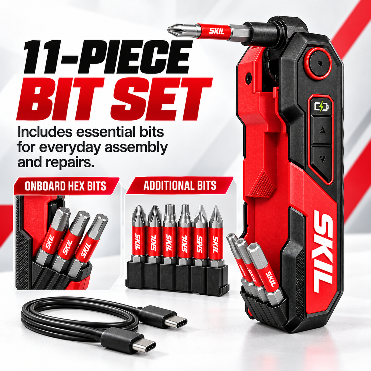 Rechargeable Powered Folding Hex Key 3-Angle Electric Driver with 11-Piece Bit Set