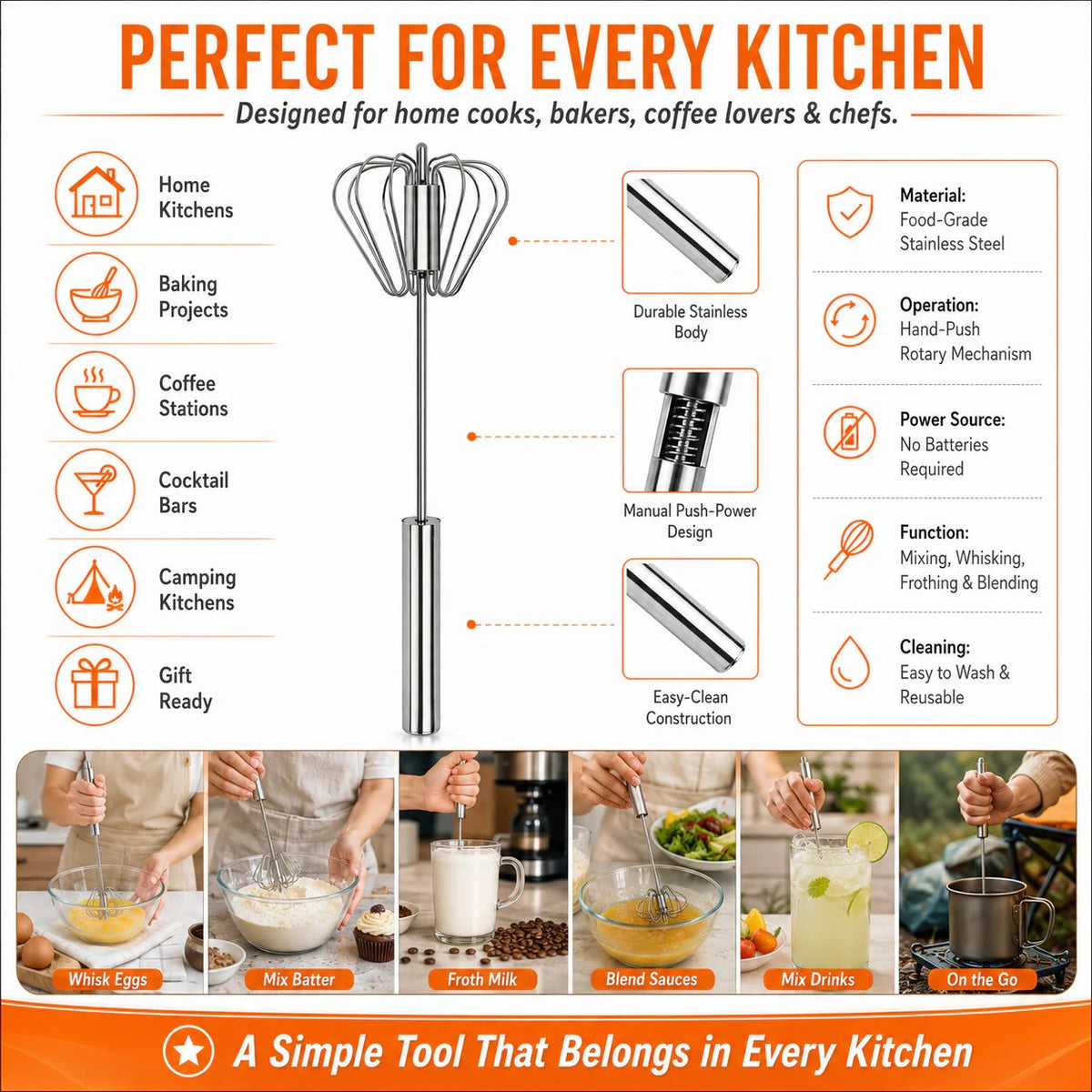 Stainless Steel Hand-Push Rotary Whisk Effortless Mixing in Seconds!