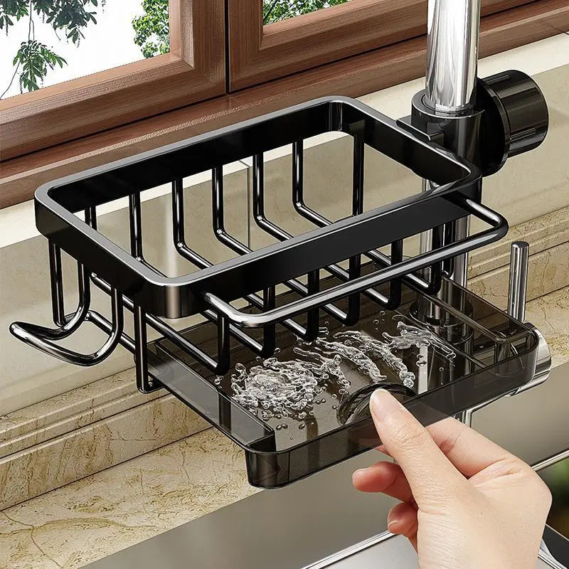 Sink Organizer Rack,Hanging Faucet Drain Rack with Drip Tray Stainless Steel Detachable Sink Faucet Sponge Holder Over