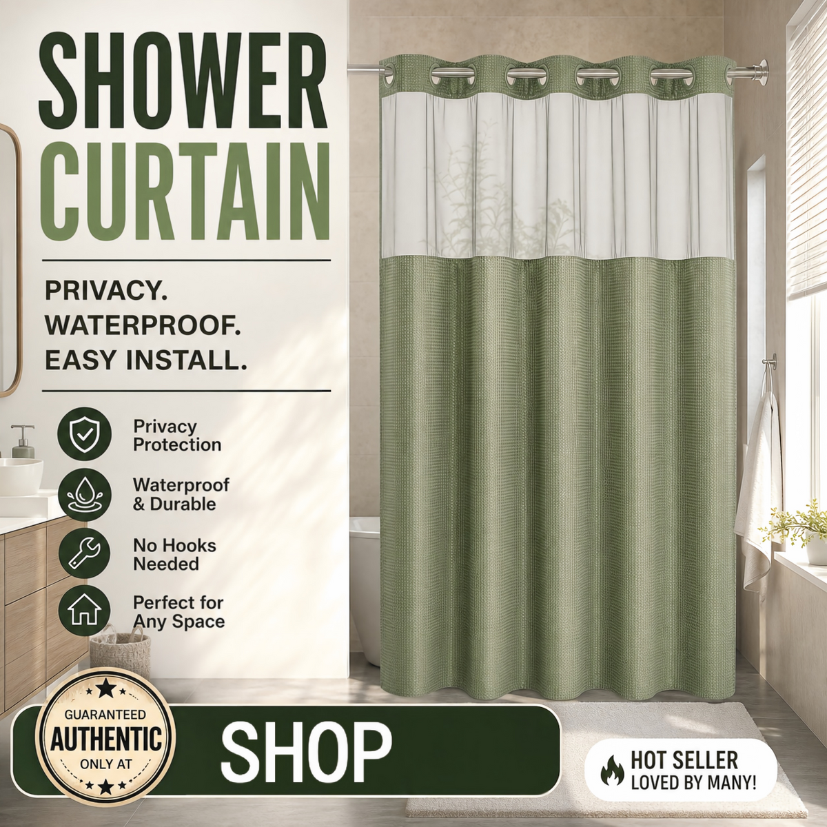 Finally, a shower curtain that actually keeps water IN no hooks, no leaks, waffle texture