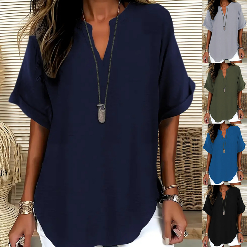 Women's Plain Short Sleeve V-Neck Chiffon Blouse