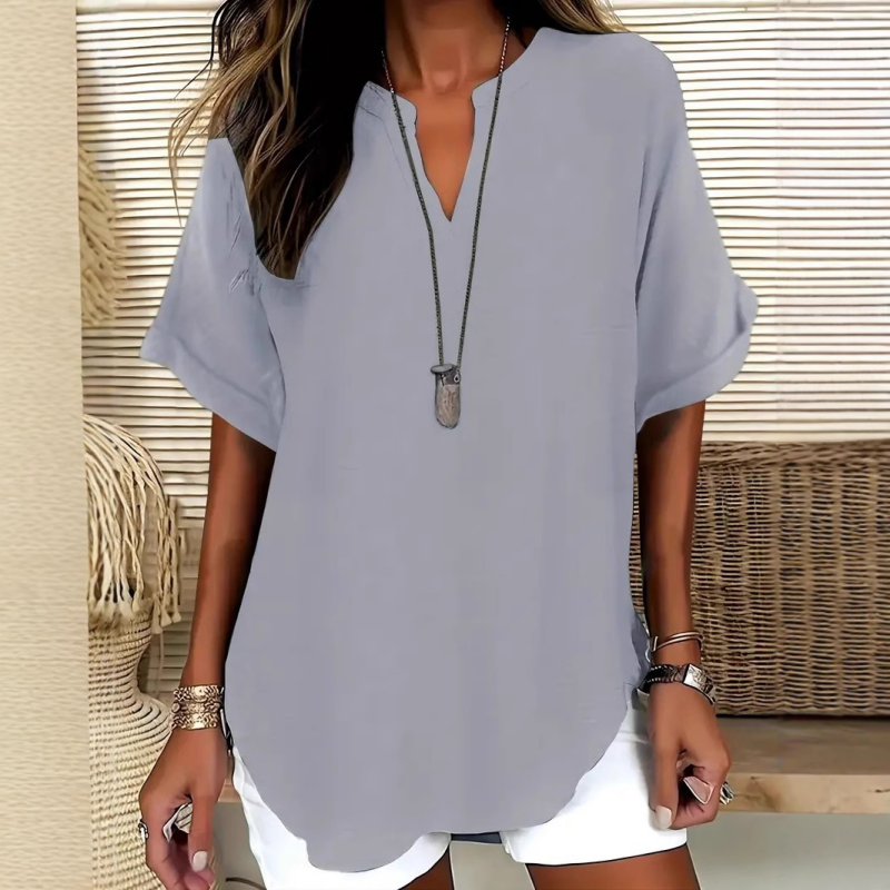 Women's Plain Short Sleeve V-Neck Chiffon Blouse
