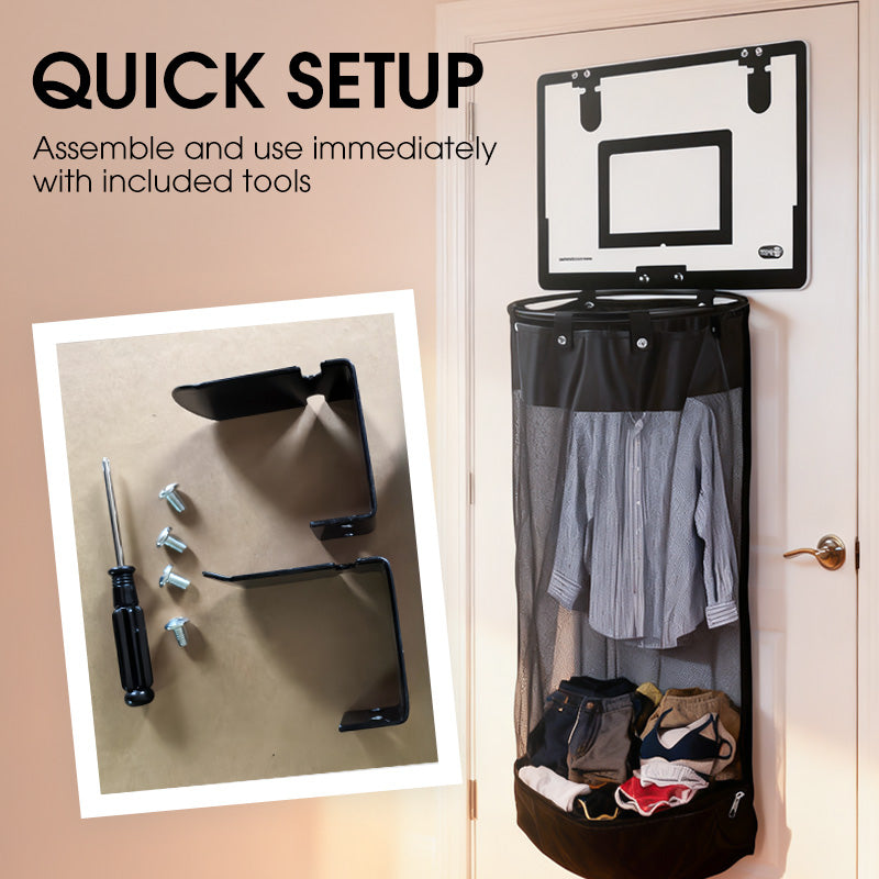Over-the-Door Basketball Laundry Hamper | Creative Score Game, Big Black Mesh Net, Acrylic/Wood Backboard