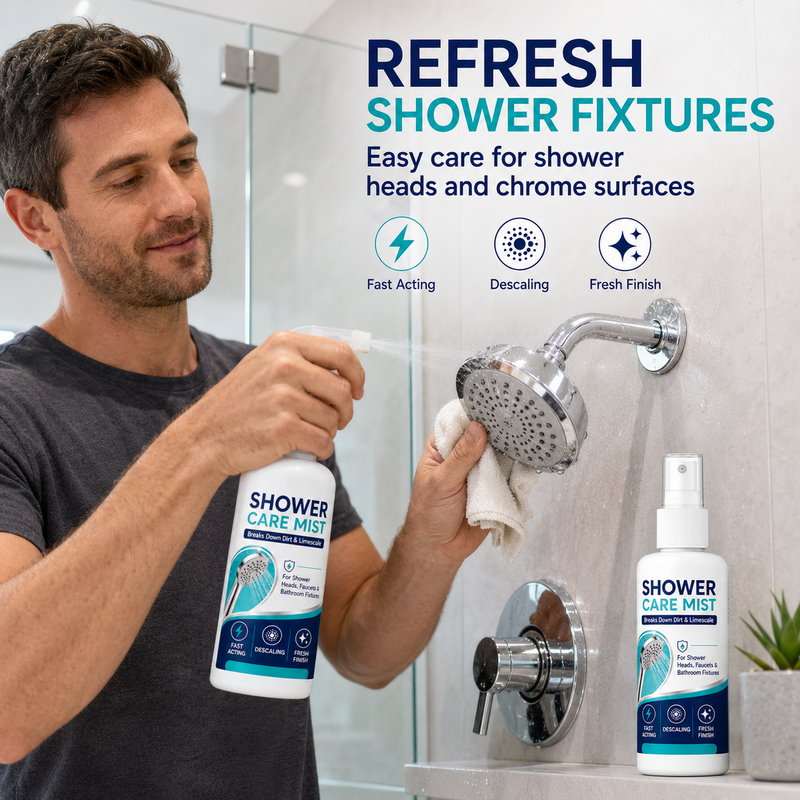 Fast-Acting Shower Limescale Remover Spray Dissolves stubborn mineral deposits & hard water stains. just spray & wipe!