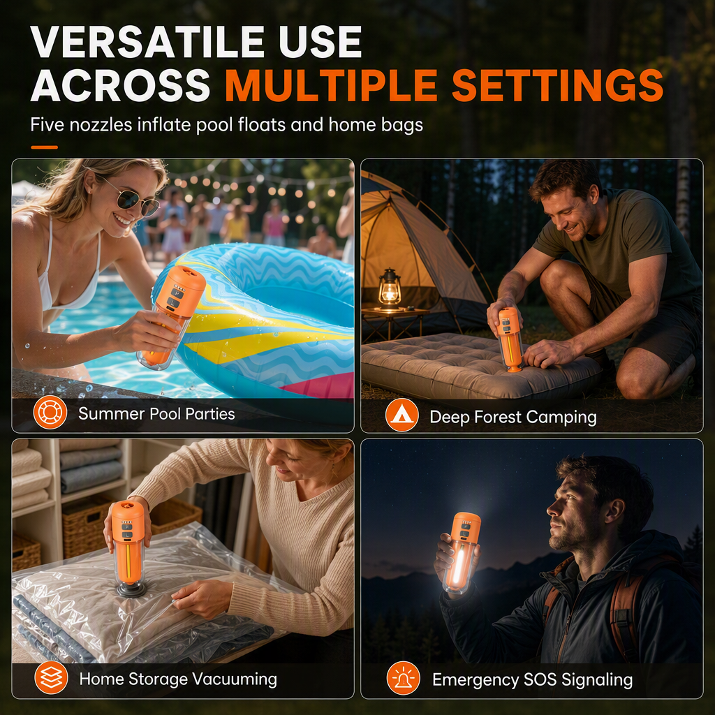 Portable Outdoor Air Pump and Deflator with Emergency Light Ambient Light and SOS Function for Pool Floats Inflatable