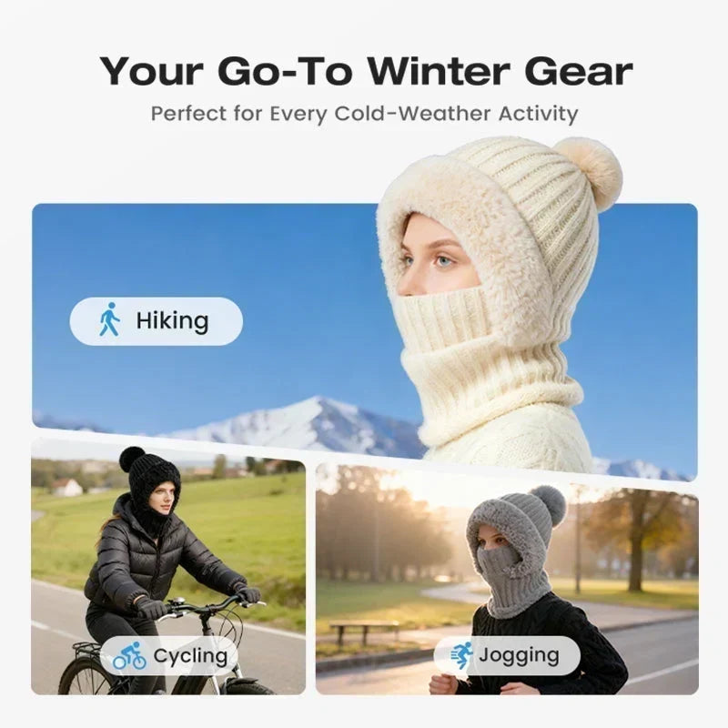 Ready for Winter! Women 3-in-1 Knitted Balaclava Hat, Fleece Lined Warm Hood Beanie with Scarf & Face Mask