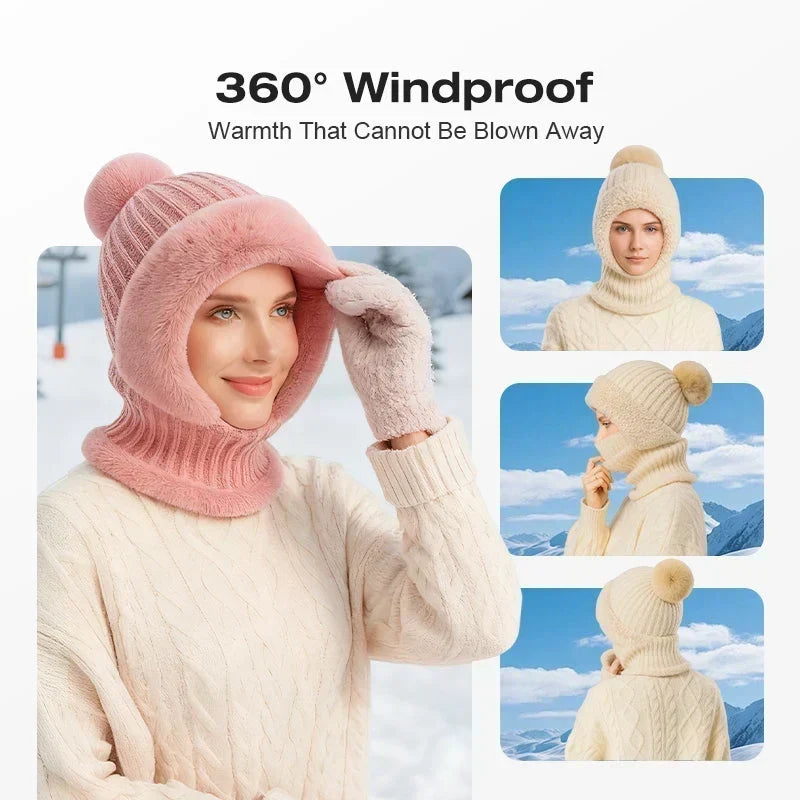 Ready for Winter! Women 3-in-1 Knitted Balaclava Hat, Fleece Lined Warm Hood Beanie with Scarf & Face Mask