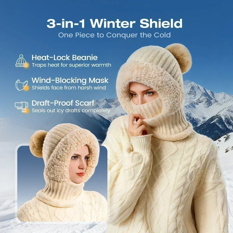 Ready for Winter! Women 3-in-1 Knitted Balaclava Hat, Fleece Lined Warm Hood Beanie with Scarf & Face Mask