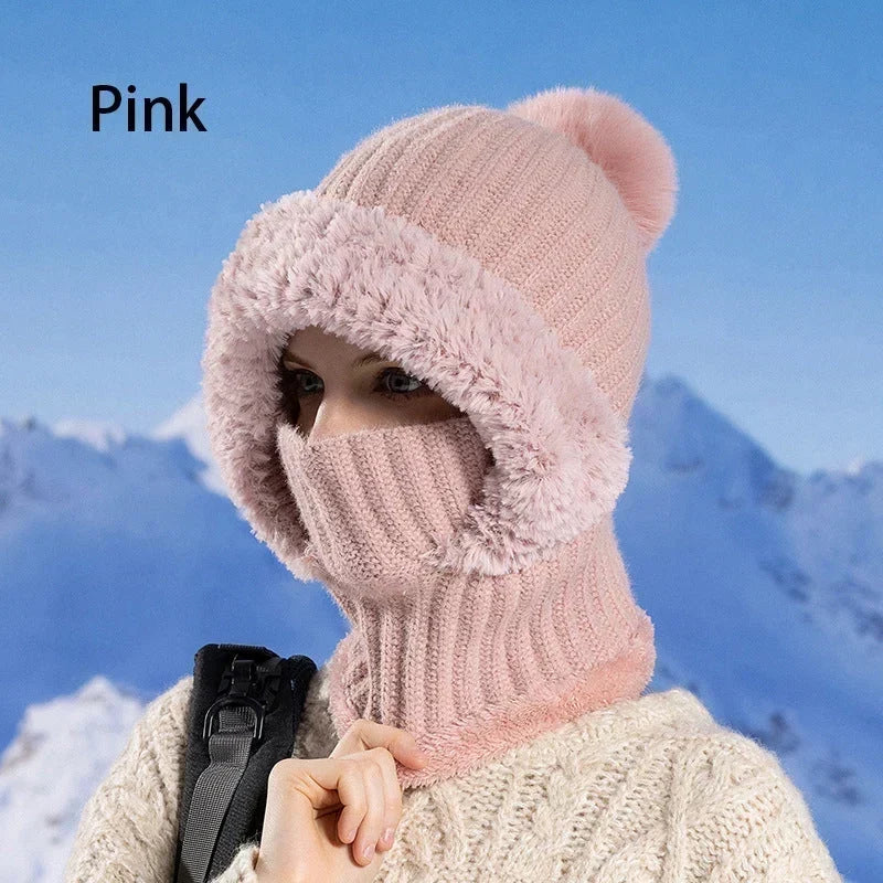 Ready for Winter! Women 3-in-1 Knitted Balaclava Hat, Fleece Lined Warm Hood Beanie with Scarf & Face Mask