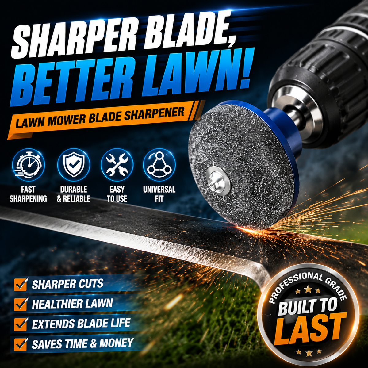 Mower Blade Sharpening Attachment Fits Most Drills, Fast & Simple