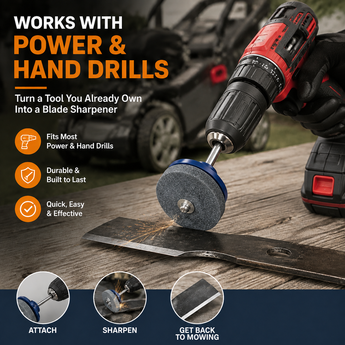 Mower Blade Sharpening Attachment Fits Most Drills, Fast & Simple