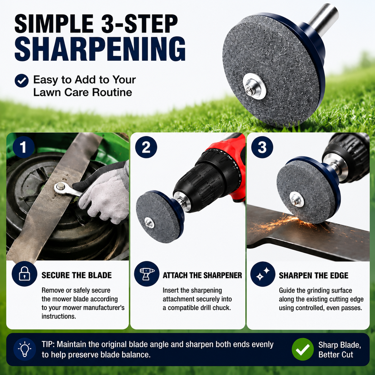 Mower Blade Sharpening Attachment Fits Most Drills, Fast & Simple