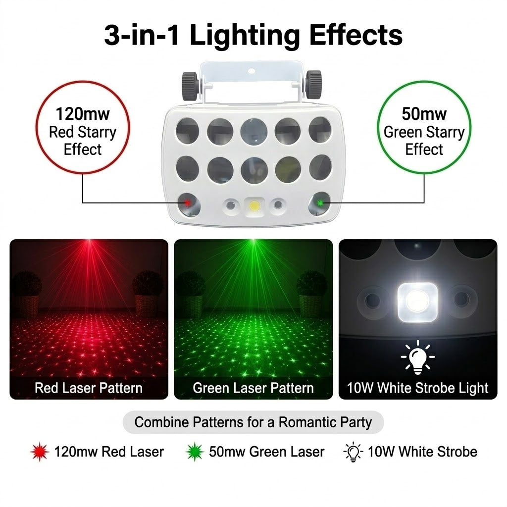 3-in-1 DJ Party Lights RGBW Derby Beam, Sound Activated + Remote