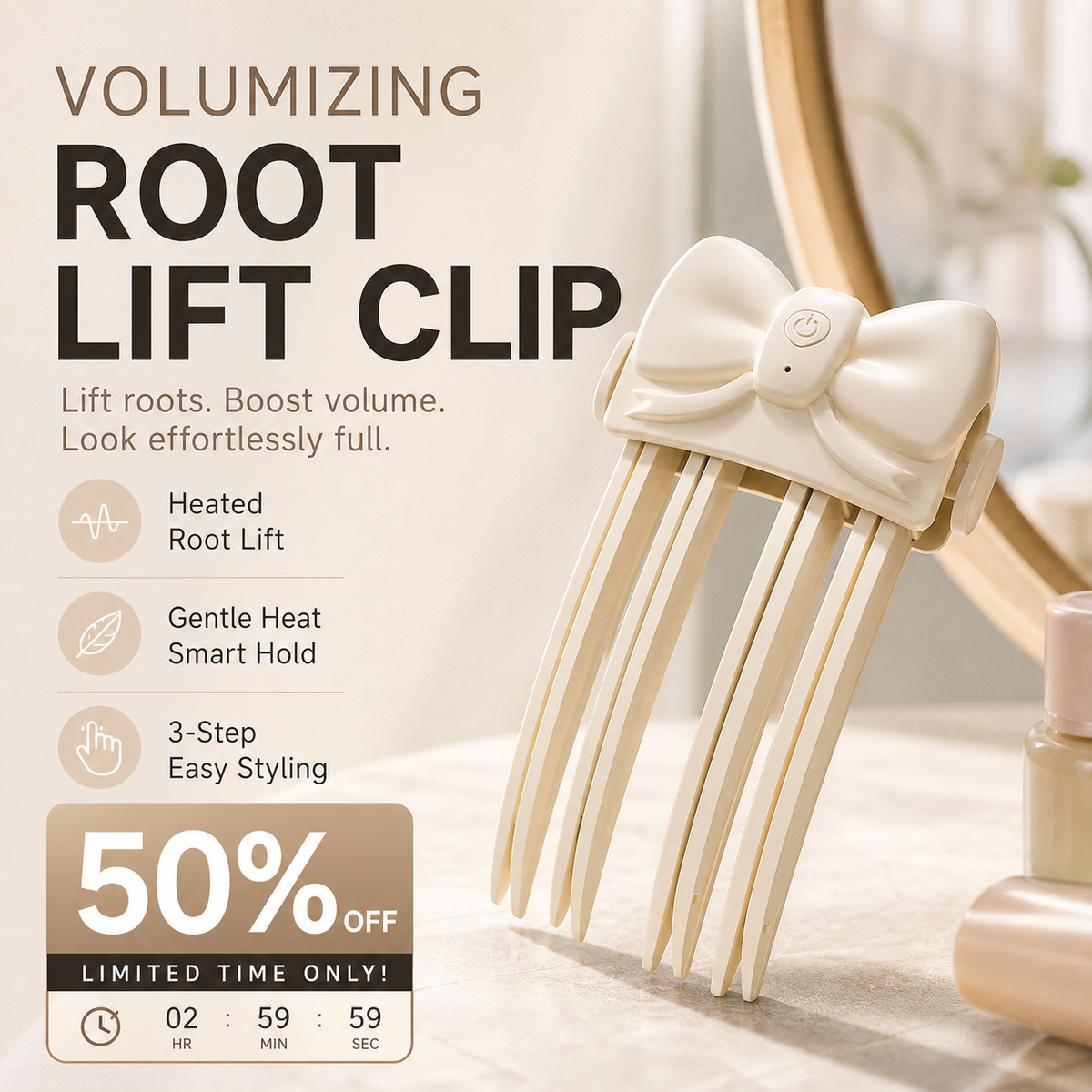 Wireless Heated Volumizing Root Lift Clip - Salon Crown Volume Styling Tool for Fine Flat Hair