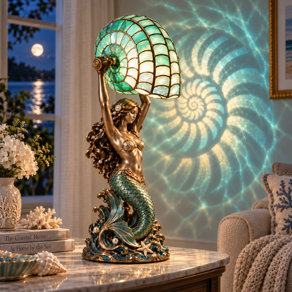 Cast a Magical Ocean Glow! Vintage Mermaid Nautilus Stained Glass Ambient Lamp