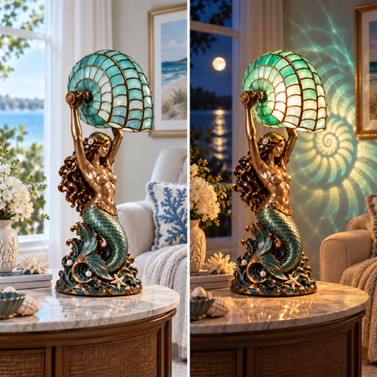 Cast a Magical Ocean Glow! Vintage Mermaid Nautilus Stained Glass Ambient Lamp
