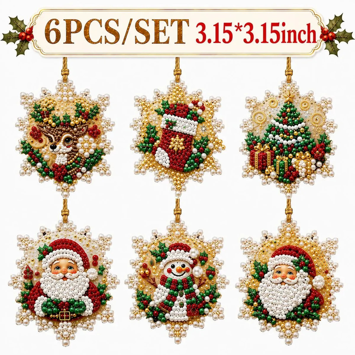 6Pcs/12Pcs Christmas DIY Diamond Painting Ornaments Kit, Xmas Tree Hanging Pendant