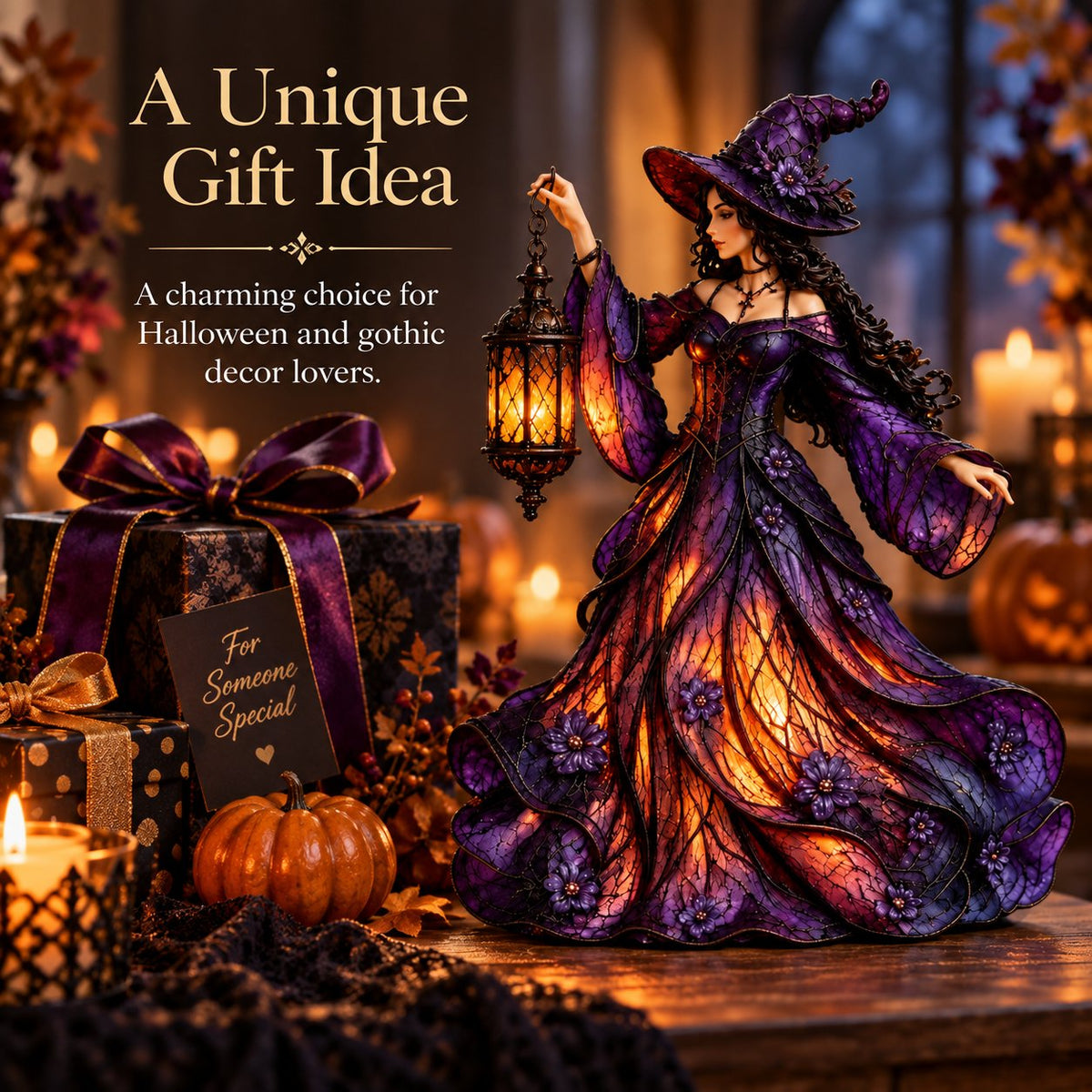 Gotische Halloween-Hexenfigur mit LED-Laterne