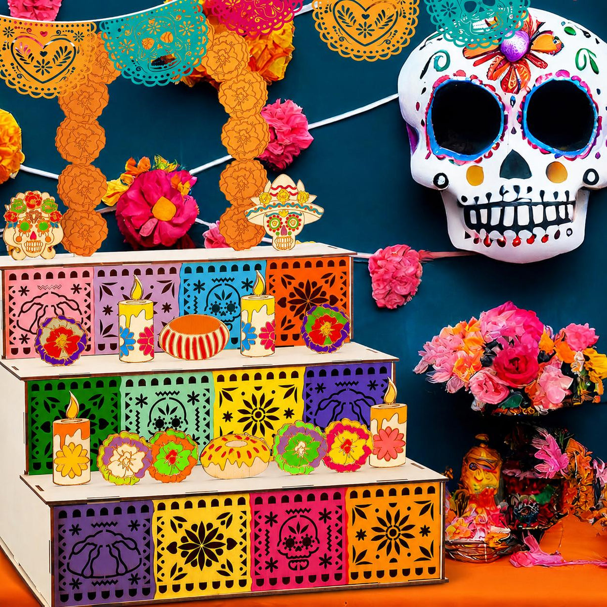 3 Tier Wooden Day of the Dead Ofrenda Altar Set, Complete Decor Kit with Skull, Marigolds, Candles & Papel Picado