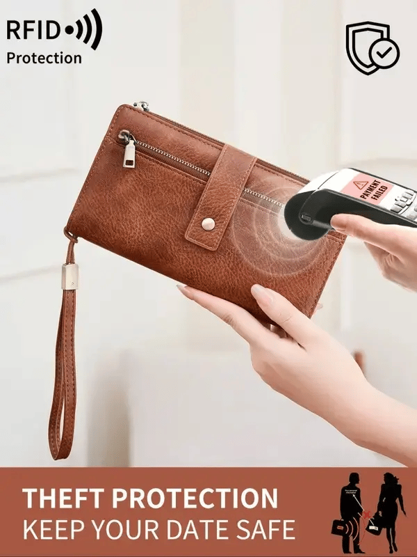 Women's Solid Color RFID Blocking Leather Long Wallet