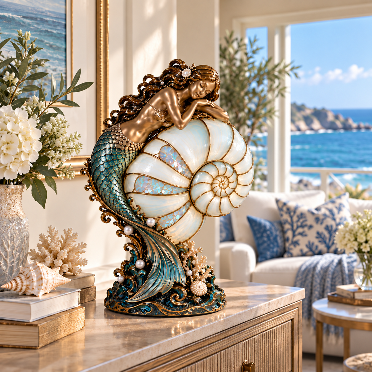 Cast a Magical Ocean Glow! Vintage Mermaid Nautilus Stained Glass Ambient Lamp