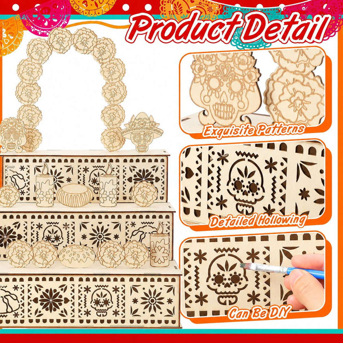 3 Tier Wooden Day of the Dead Ofrenda Altar Set, Complete Decor Kit with Skull, Marigolds, Candles & Papel Picado