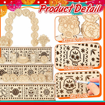 3 Tier Wooden Day of the Dead Ofrenda Altar Set, Complete Decor Kit with Skull, Marigolds, Candles & Papel Picado