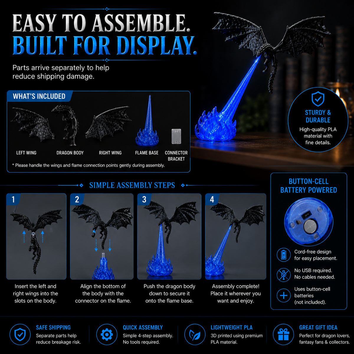 3D Fire Breathing Dragon LED Light | Glowing Fantasy Bookshelf Decor